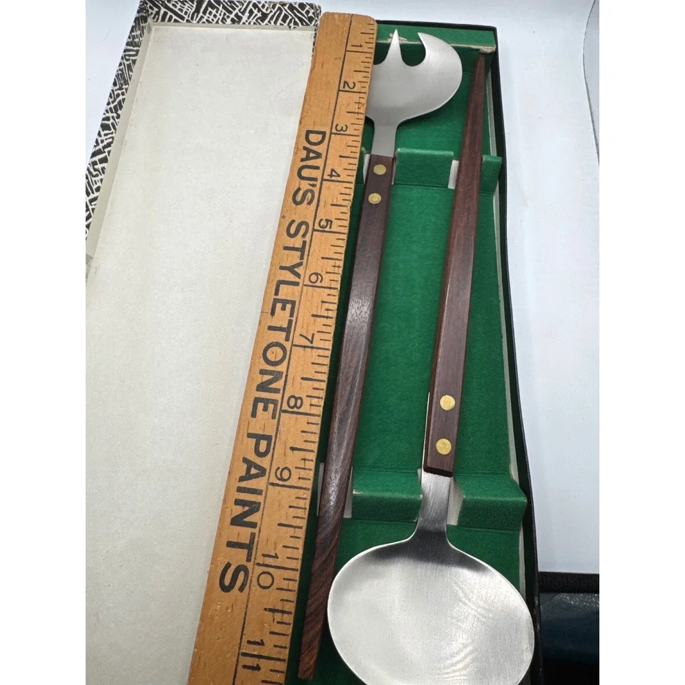 Barlow Stainless Japan Salad Serving Set Rosewood Handles MCM Vintage 2pc Boxed